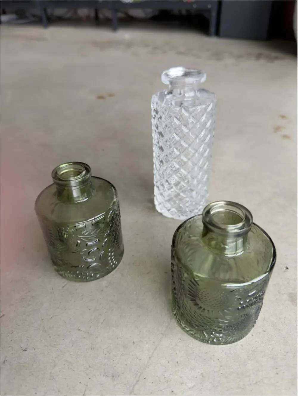 Glass Diffuser Bottles / Bud Vase Set / Green Clear